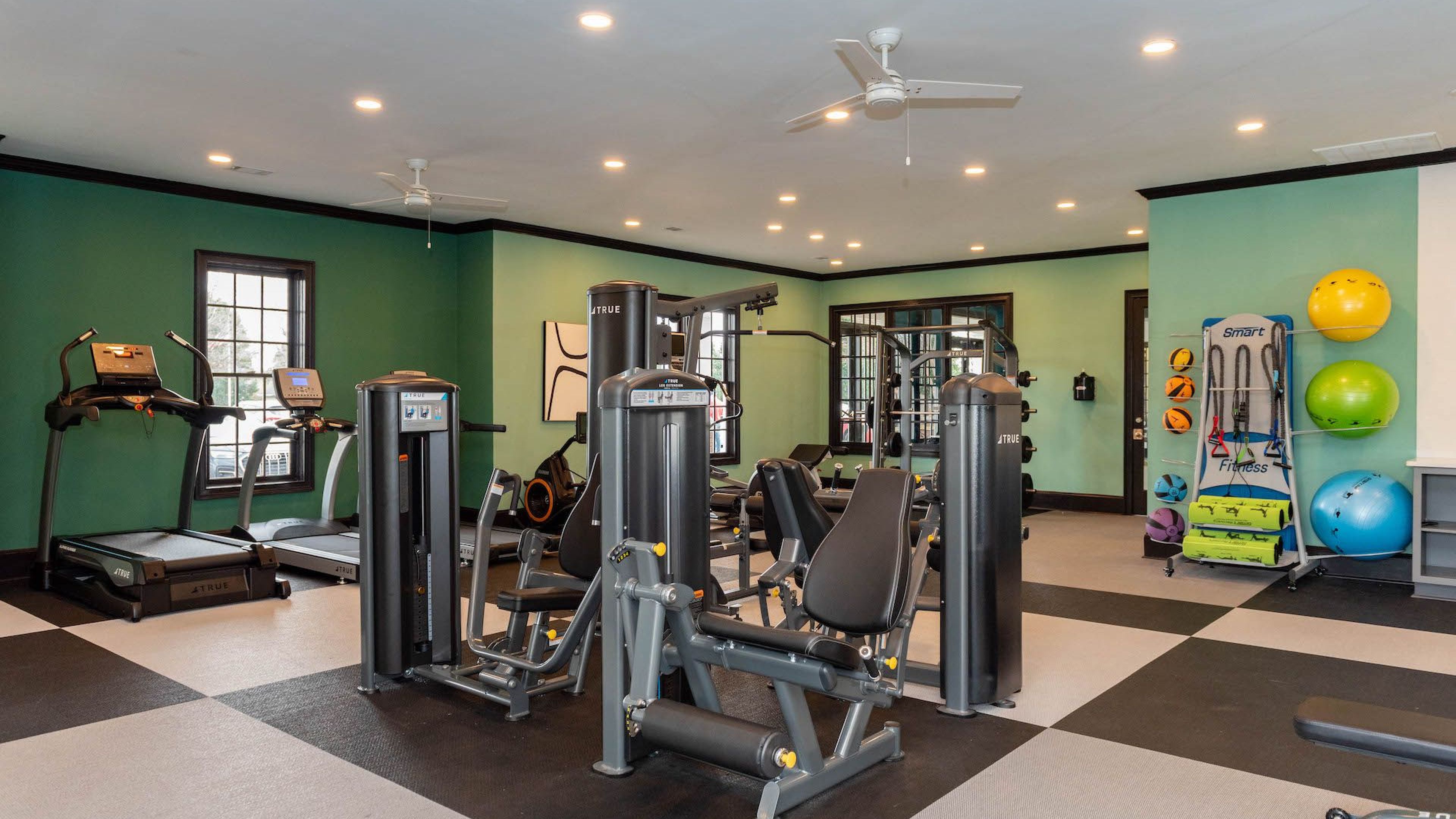 Modern gym with fitness equipment at Hawthorne Meadowview apartments in Warner Robins, GA